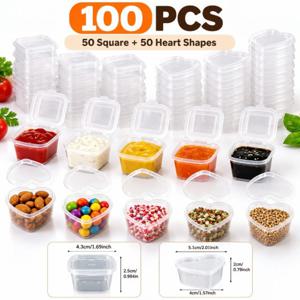 하트 모양 사각형 두 가지 스타일의 소스 보관 용기 100개 팩, 1oz 모델 / 뚜껑 있는 스낵 상자 / 야외 캠핑용 다목적 누수 방지 소스 컵, 사각형, 음식 및 공예품 보관용, 휴대용, 새해 복 많이 받으세요, 밸런타인데이, 부활절, 결혼식, 라마단, 카니발, 쾰른 카니발