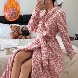 여성 가을 겨울 따뜻한 로브 프린트 캐주얼 편안한 가디건 벨트 V넥 홈웨어 목욕 가운