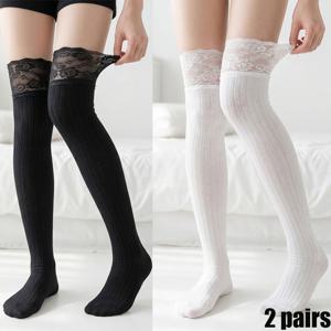 여성용 무릎 중간 기장 양말 2켤레, 압박 종아리 양말, 통기성, 미끄럼 방지, 슬림핏, 봄 가을 스타일, 여름 얇은 스타일, 레이스 레이스 레이스, 미드하이 통袜, 스태킹 양말, 단색, 브리티시 컬리지 스타일, 사계절용 양말