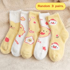 3켤레 랜덤 여성용 가을/겨울 플러시 슬리퍼 양말, 귀여운 작은 오리 패턴, 부드럽고 편안한 두꺼운 보온 양말, 겨울 실내 플로어 삭스