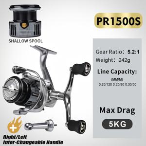 PR1500S/PR2500S 스피닝 낚시 릴 7+1 베어링 포함 - 풀메탈 이중 핸들, 밸런스바 무료 제공, 바닷물 민물용 릴