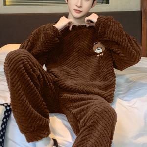 부드러운 자카드 원단, 곰돌이 자수, 남성용 홈웨어 세트, 편안하고 따뜻함, 가을과 겨울철 추운 날씨에 적합, 실내 캐주얼 의류