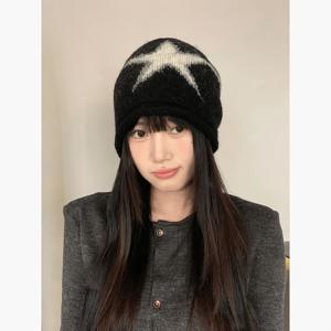 펜타그램 스타일 빔 니들 비니 여성용 게으른 스타일 풀오버 모자 가을 겨울 두꺼운 따뜻한 다용도 큰 머리 둘레의 분위기 있는 모자