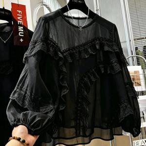 숲 스타일 레이스 아플리케 상의, 레이스 트림 라운드 넥 루즈핏 질감 있는 긴소매 부드러운 통근용 커버업