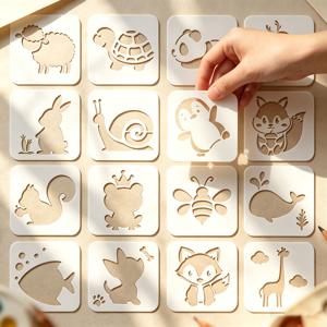 16개 숲 속 동물 그림 스텐실, 재사용 가능한 PET 속이 빈 드로잉 템플릿, 양 거북이 판다 사슴 토끼 달팽이 펭귄 여우 패턴, 창문 유리, 천, 캔버스, 나무, 돌, 스크랩북, 가정 벽 장식용 워셔블 공예 스텐실