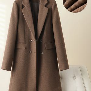여성 패션 미드 기장 트위드 재킷, 가을/겨울 스타일, 더블 브레스티드 인조 보온 컷 탑
