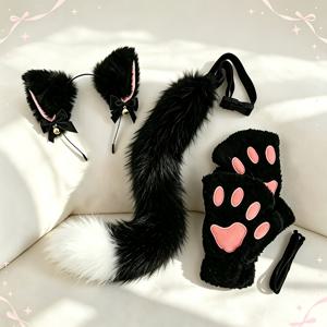 블랙 플러시 고양이 귀 꼬리 장갑 코스튬 세트, 벨 리본 고양이 귀 머리띠, 조절 가능한 흑백 꼬리, 부드러운 모조 고양이 발바닥 장갑. 할로윈, 코믹쇼, 파티, 사진 촬영에 적합, 성인 역할극 코스튬 소품