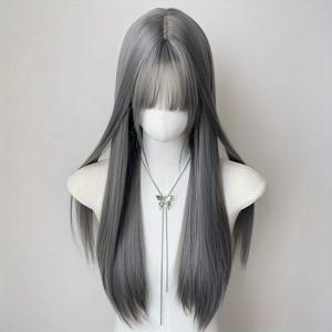 24인치 여성용 가발, 실버 그레이 색상, 앞머리, , 파티, 코스프레에 완벽, 트렌디한 유럽 및 미국 스타일