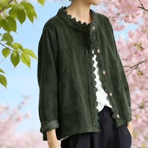 여성용 코듀로이 재킷 숏 - 레ース 트림 버튼 앞여밈, 루즈핏 빈티지 셔츠 재킷, 단색 코듀로이 아우터웨어, 봄/가을용, 캐주얼 라운드넥 숏 기장 스타일 레이어링 자켓 (하드웨어 없음)