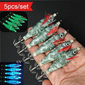 5개/세트 8cm 새우 낚시 미끼 야광 오징어 징 훅 새우 랍스터 루어 바닷물 낚시 수평 오징어 징 에기 세트