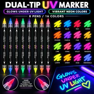 UV 듀얼팁 투톤 형광펜, 네온색 16가지 포함 8개 펜, DIY 낙서, 포스터, 미술 및 공예 장식에 완벽