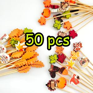 50개입 가을 테마 대나무 이쑤시개 모음, 칵테일 픽, 파티 장식, 음료 장식, 바 장식, 애피타이저용 장식 이쑤시개, 대나무 과일 꼬치, 추수감사절 용품 (랜덤 스타일)