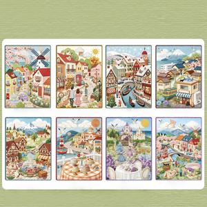 목가적인 마을 자수 스티커 북, 글리터 포함, DIY 스크랩북킹에 적합, 저널, 카드, 콜라주에 적합한 플라스틱 사전 절단, 미니어처 장면, 불규칙한 모양, 레이어드 디자인, 배지 케이스 및 테두리 장식에 적합
