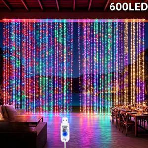 1팩 600 LED 커튼 요정 끈 조명, 8가지 조명 모드 USB 플러그인, 결혼식, 파티, 할로윈, 크리스마스 축제 장식용 야외 파티오 정원 장식 조명