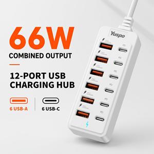 Yuspo 66W 12구 고속 충전기, 6개 USB 포트 및 6개 Type-C PD 고속 충전 포트, Type-C 멀티 콘센트/멀티 출력 소켓 지원으로 고속 충전 지원, USB 허브, USB 어댑터 및 USB-C 허브와 호환 가능. 아이폰, 맥북, 노트북에 적합