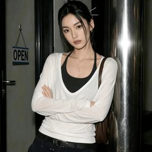 Y2K 스위트 쿨 스타일 2피스 세트 시어 메쉬 긴팔 탑, 블랙 홀터 베스트, V넥 시어 파티 아우터 2피스 세트