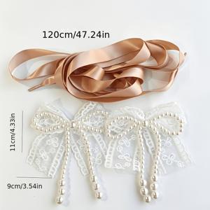 샴페인 새틴 리본 신발끈 1켤레, 화이트 레이스 인조 진주 리본 장식, 레트로 스위트 스타일 신발 장식, 화이트 플랫폼 슬립온 슈즈 및 화이트 스니커즈에 적합, 신발 장식용