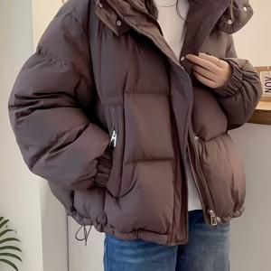 커피색 숏 후드 재킷 여성용 가을 겨울 체크 무늬 퀼팅 루즈핏 빵 코트 지퍼 카고 포켓 탄성 커프스 드로스트링 밑단 페티트 방풍 두꺼운 단색 통근복 따뜻한 겉옷