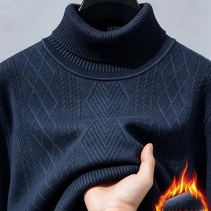 남성용 가을/겨울 단색 체크 하이넥 안감 보온 스웨터, 캐주얼 풀오버 니트웨어, 단독으로 또는 레이어드 아이템으로 착용 가능, 일상 출퇴근용 보온 상의, 무작위 질감 패턴