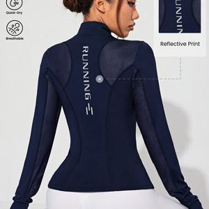 속이 빈 지퍼 스탠드업 칼라 스포츠 재킷, 메쉬 스플라이스 반장갑 긴팔 탑, 레터 프린트 슬림핏, 아웃도어 피트니스, 하이킹, 골프, 테니스, 배드민턴, 스쿼시, 볼링, 데일리 워킹 쇼핑, 헬스/가정 운동에 적합