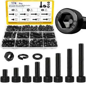 174개 M6 육각 소켓 헤드 캡 볼트, 너트 & 와셔 혼합 키트 | 8-35mm 길이 (8가지 사이즈) | 12.9 등급 합금강 흑색 아연 도금 방청 하드웨어 | DIY, 기계 및 장비 조립용 고하중 패스너