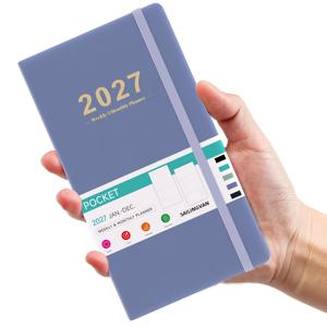 포켓 다이어리 2027 - A6 주간 한눈에 보는 다이어리 2027, 2027년 1월부터 12월까지, 가죽 하드커버 2027 주간 및 월간 다이어리, 고무 밴드 잠금 및 내부 뒷면 포켓