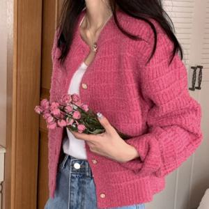 가을 겨울 프렌치 진주 버튼 루즈 디자인 재킷, 프렌치 스몰 스카프 스타일 라운드넥 단색 스웨터 코트, 정교한 버튼, 텍스처 쇼트 가디건 스웨터