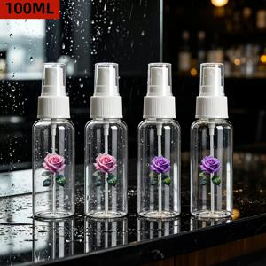 매력적인 장미 패턴 스프레이 병 4개 세트, 보라색과 분홍색, 100ml 미니 물뿌리개, 액체 디스펜서, 미스트 스프레이기. 휴대가 간편하고 여행에 편리하며, 외출과 여행에 이상적인 선택. 스타일리시한 병 디자인과 투명한 디스펜서가 특징이며, 친구를 위한 완벽한 선물 아이디어