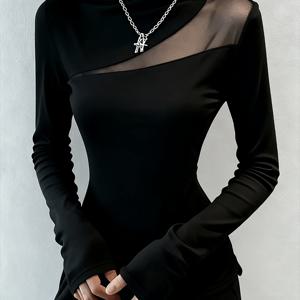 봄 가을 블랙 세미 하이넥 메쉬 패널 디자인 여성용 우아한 긴팔 불규칙 풀오버 티셔츠 탑, 부드럽고 편안한 여성용 베이스 레이어, 캐주얼 다용도