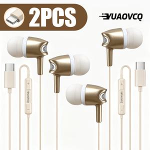 YUAOVCQ 유선 이어폰, 2개입 이어폰, 스테레오 인이어 이어버드, 디지털 칩, Type-C/USB-C 잭 모델, 휴대폰 이어폰, 유선 휴대폰 헤드폰, 스테레오 사운드 효과, 고해상도 음질, 통화용 HD 마이크, 몰입감 좋은 헤비 베이스, 휴대폰, 태블릿, 노트북에 적합, 대부분의 USB-C/Type-C 잭 장치와 호환