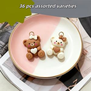 36개 36개 리본 & 곰 참 - 커피색 수지 리본 하트 곰 펜던트, DIY 보석류 제작, 귀걸이, 팔찌, 목걸이 액세서리에 적합 - 휴일 공예, 선물용 무작위 혼합 색상, 수지 리본 & 곰 참