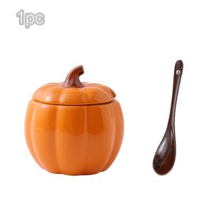 1개 12Oz 독특한 호박 모양 설탕 볼 뚜껑과 스푼 포함, 귀여운 가을 세라믹 용기 (소금, 후추, 향신료, 설탕 보관용), 커피 바, 주방 카운터, 식탁에 적합, 추수감사절 및 할로윈 선물
