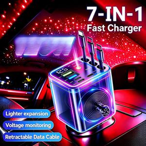 125W 접이식 차량용 충전기, 3개의 접이식 케이블 포함 | 7-in-1 고속 충전 , 조명, 180° 조절 가능한 각도, LED 전압 디스플레이, 고속 충전 포트, USB-C 2개 및 Type-C 2개 포트, 13.8V 출력, 범용 모델