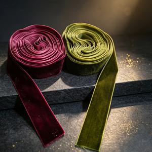 와인 레드와 올리브 그린 단면 벨벳 리본 2롤, 총 길이 400cm, 너비 2.5cm, 크리스마스 선물 포장용 벨벳 웨빙, DIY 크리스마스 트리 리본 보우, 꽃 장식용 리본