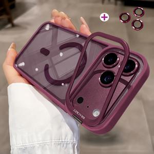 폰 케이스: (케이스 1개 + 렌즈 보호필름 1개) 럭셔리 투명 렌즈 브라켓 마그네틱 휴대폰 케이스, 아이폰 18 Pro Max 17 16 15 14 13 Pro Max 호환, 남성 여성용 클리어 마그네틱 무선 충전 18Pro 케이스, 렌즈 보호필름 충격 방지 후면 커버