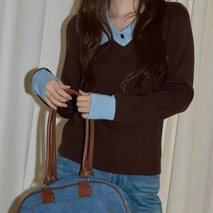 레트로 페이크 투피스 대비 폴로넥 스웨터 여성용 가을 신상 얇은 긴팔 베이스 레이어 탑, 브라운 패치워크 라이트 블루 라펠 디자인 니치 인너웨어