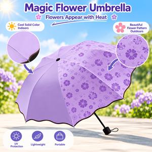 색상 변환 플로럴 우산 (보관 가방 포함), 2개 우산 세트, 숨겨진 꽃무늬 패턴, 여성용 스타일리시 휴대용 우산, 두꺼운 내구성 여행용 우산 (야외 사용)