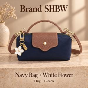 브랜드 SHBW 여성용 크로스바디 핸드백, 네이비와 브라운 투톤 디자인, 지퍼 탑 클로저, 스냅 플랩, 탑 핸들, 숄더 스트랩 및 브랜드 로고 태그가 있는 흰색 꽃 참, 휴대폰, 지갑 및 필수품을 위한 컴팩트한 수납 공간, 업무 및 외출에 이상적