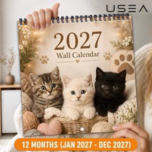 2027년 벽 스티커 캘린더, 12개월 (1월-12월), 귀여운 고양이 벽 캘린더, 8.3X8.3인치, 대형 쓰기 가능한 사각형, 이중 와이어 스파이럴 바인딩, 미국 축제, 고양이 애호가를 위한 미적 장식 선물
