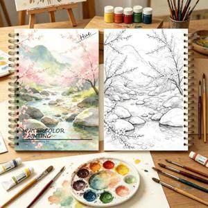 복숭아꽃 계곡 봄 산 풍경 테마 수채화 연습장 1권 - 산꽃, 시냇물, 풍경이 특징인 정교한 12개의 삽화가 포함된 성인용 수채화 컬러링북. 초보자부터 전문화가까지 적합한 수채화 연습장, 그림을 즐기는 친구를 위한 선물로 이상적. 스케치북, 성인용 컬러링북, 컬러링북, 스케치 | 두껍고 비투명한 종이의 예술 애호가 컬러링북, 예술 애호가를 위한 완벽한 선물
