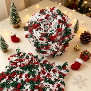 1개 100G 클래식 크리스마스 Xmas 레드 그린 화이트 멀티컬러 혼합 푹신한 속눈썹 깃털 폼폼 보블 텍스처 신기한 얀, 부드러운 혼합 뜨개질 코바늘 실, 크리스마스 장식 스카프 모자 가방 나무 장식 선물 제작용 핸드크래프트 얀