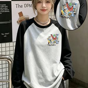 미국 스트리트 숄더 패드 긴팔 티셔츠 여성 힙합 만화 캐릭터 HIPHOP 앞뒤 프린트 루즈핏 컬러 블록 라운드넥 캐주얼 베이스 레이어 탑 스위트 쿨 스타일 컬러 블록 티셔츠 컬러풀 스트리트 댄스 만화 패턴 F