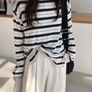 여성 오버핏 긴팔 티셔츠 가을 신상 라운드넥 루즈핏 단가라 캐주얼 데일리 기본 상의