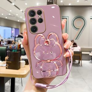 휴대폰 케이스 - 삼성 갤럭시 S24, S23, S22, S21, S20, 4G 5G Plus+/Fe/Ultra 용, 귀여운 만화 메이크업 거울 스탠드, 낙하 방지 충격 방지 전기 도금 소프트 케이스 (끈 포함), 2024년 신형 휴대폰 케이스