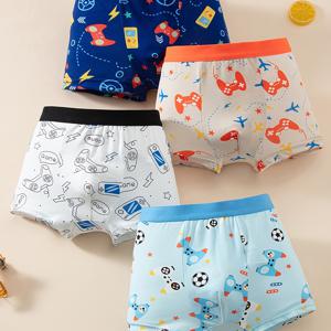 남아 속옷 4종 세트, 봄/가을 미디엄 사이즈 남아 동일 스타일 컬러 게임 콘솔 축구 패턴 드로즈 캐주얼 기본 스타일 올 시즌 얇은 스타일 만화 속옷 3-12세 남아용 풀 사이즈 섹션 남아 속옷 부드럽고 편안함