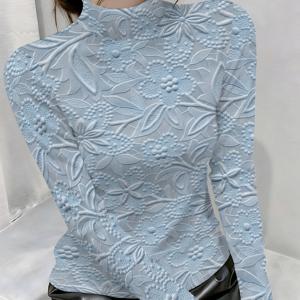 프린트 디자인 – 질감이 없는 2D 프린트, 하늘색 꽃무늬 프린트, 고품질 여성 패션 다용도 캐주얼 티셔츠, 하프 터틀넥 골지 긴팔 크루넥 캐주얼 상의, 일상 출퇴근용 내부 티, 기계 세탁 가능-771