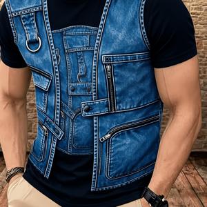 [프린트 디자인-텍스처 아님] 남성용 프린트 페이크 데님 프린트 티셔츠 스타일 포켓 반팔 캐주얼 탑 [프린트 디자인 - 텍스처 아님] [페이크 데님 아님]