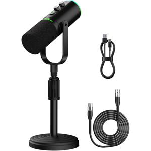 팟캐스트 다이내믹 마이크, PC용 XLR/USB 레코딩 마이크, 방송, 팟캐스팅, 녹음, 게임 및 스트리밍에 적합, 무음 기능이 있는 스튜디오 마이크, 헤드폰 잭, 모니터링용 볼륨 조절 기능 포함