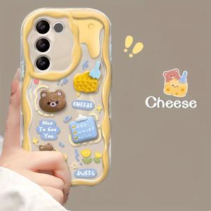 치즈 베어 입체 치즈 플러시 크림 질감 휴대폰 케이스, 갤럭시 삼성 S24 울트라, S24 FE, S26 울트라, 삼성 A15, A52 케이스, A54 소프트 케이스, S26/A13-4G/S24/S20 FE/S22/S22 울트라/A57/A37/A17용, 투명 S23/A05s, 귀여운 S22/S23 플러스, 신선하고 심플한 A25/A26