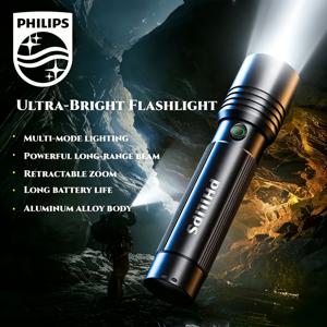 Philips 충전식 손전등: 5가지 모드와 조절 가능한 빔 포커스 기능이 있는 고루멜 LED 손전등으로 캠핑, 하이킹, 비상 상황 및 가정용으로 적합하며 무단계 밝기 조절 기능이 있습니다.